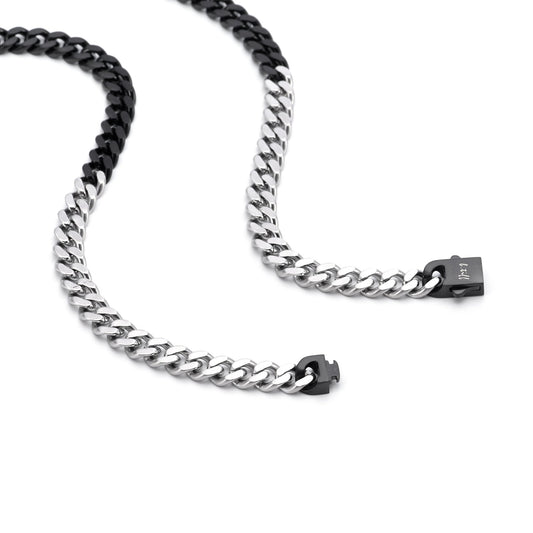C138BW B.Tiff 2-Tone Matte Black & High Polish Stainless Steel Flat Cuban Link Necklace/ 8mm