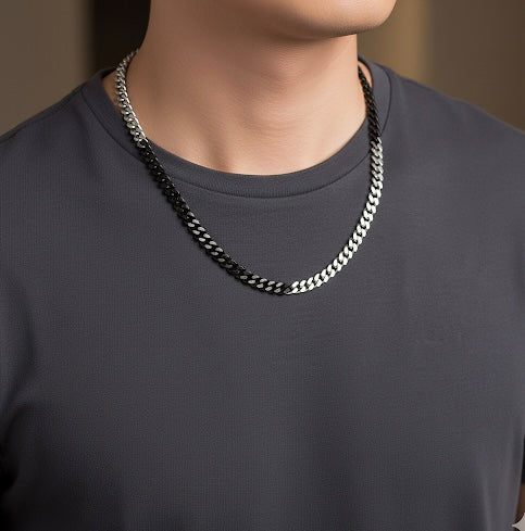 C138BW B.Tiff 2-Tone Matte Black & High Polish Stainless Steel Flat Cuban Link Necklace/ 8mm