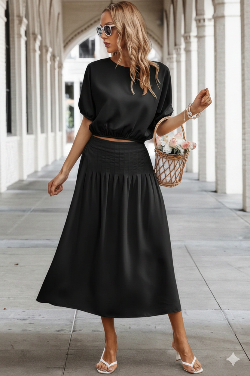 Two Pieces Solid Color Loose Puff Sleeve Pleated Shirt