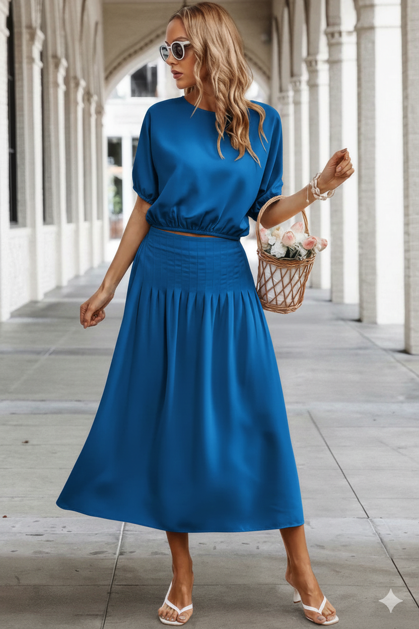 Two Pieces Solid Color Loose Puff Sleeve Pleated Shirt