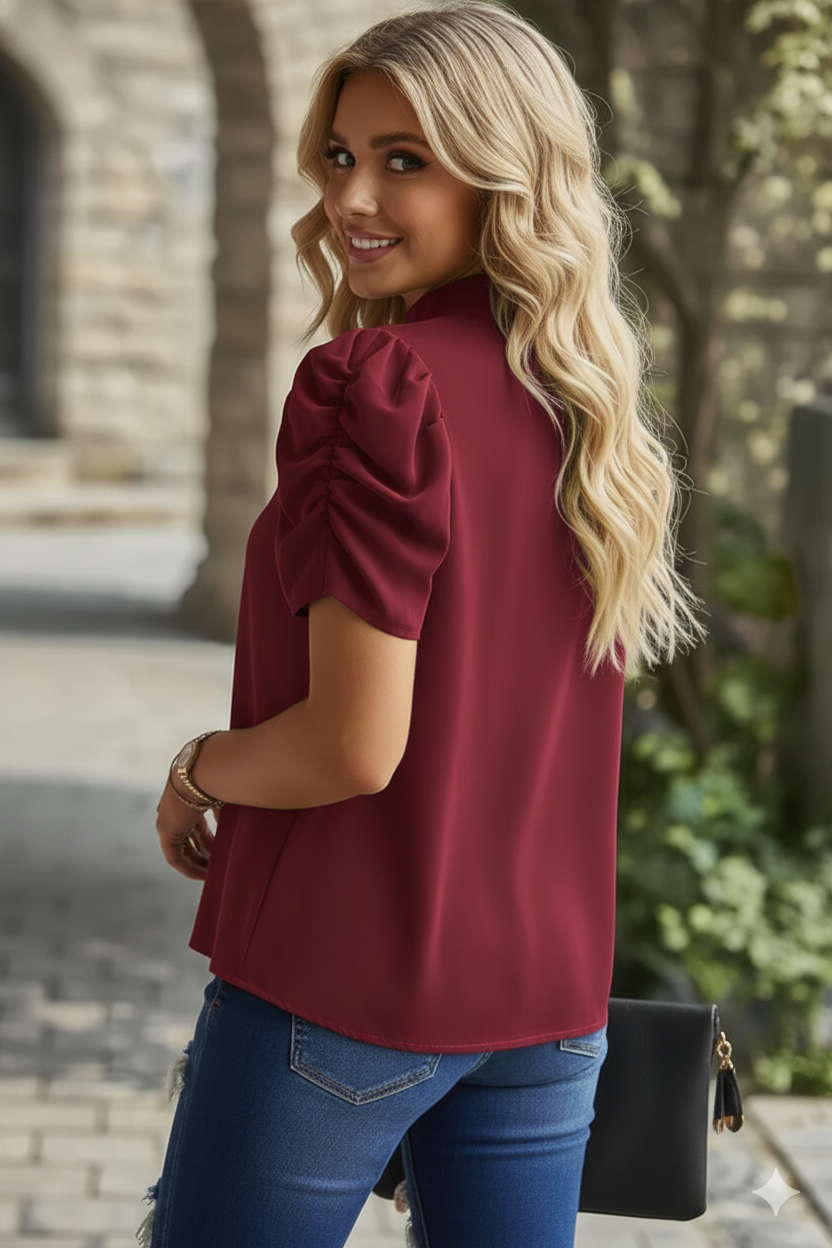 Solid Puff Short Sleeve Mock Neck Pleated T Shirt