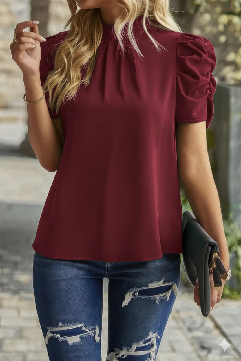 Solid Puff Short Sleeve Mock Neck Pleated T Shirt