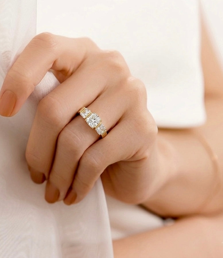 RG203G B.Tiff 18K Gold Plated 3-Stone Cushion Cut Engagement Ring
