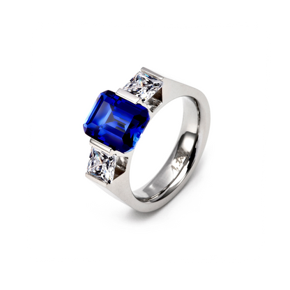 RG208BL B.Tiff 3-Stone 3 ct Blue Emerald Cut Engagement Ring