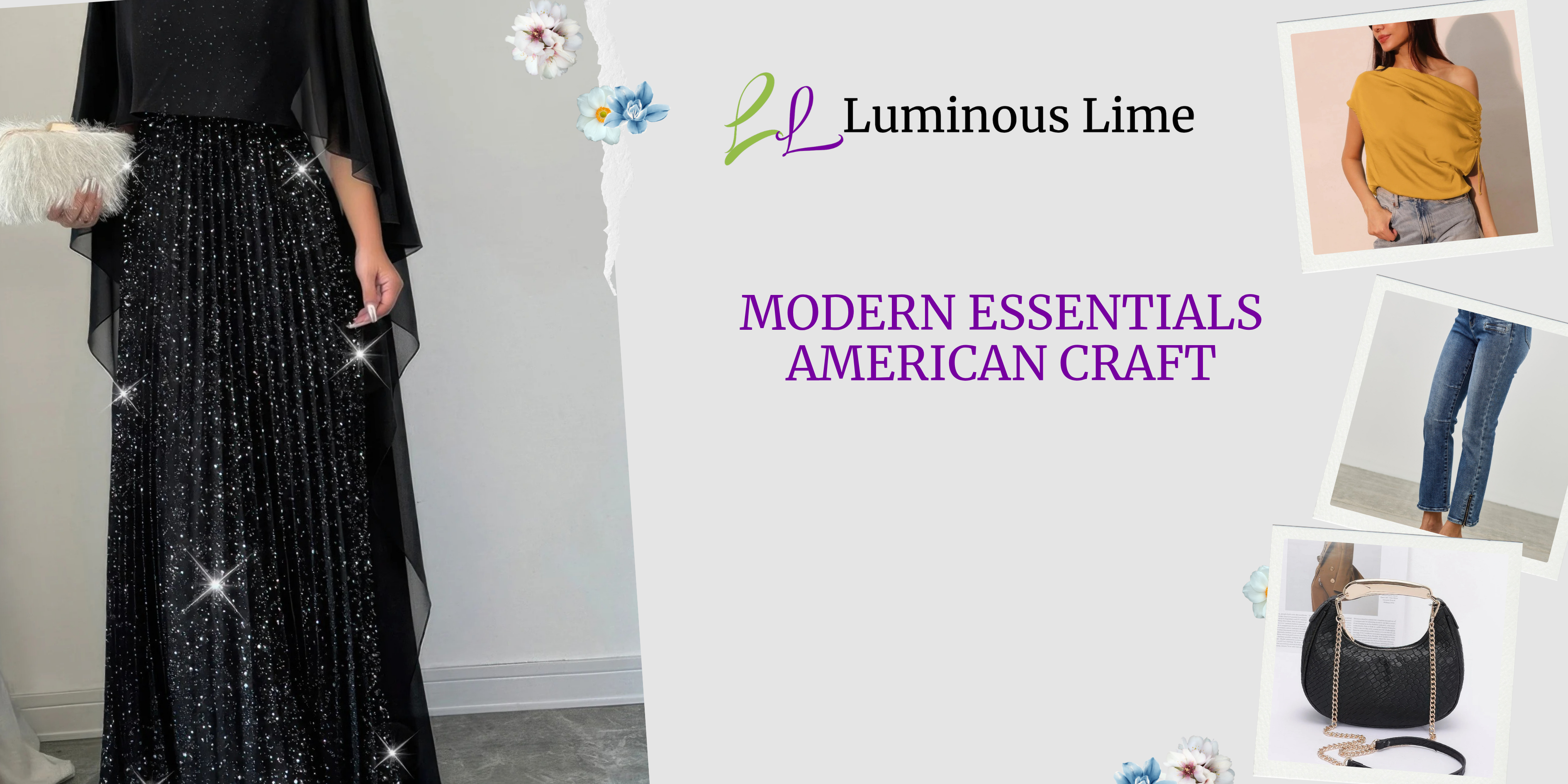 Woman wearing a black sequin dress with 'Luminous Lime' branding and product images on a white background.