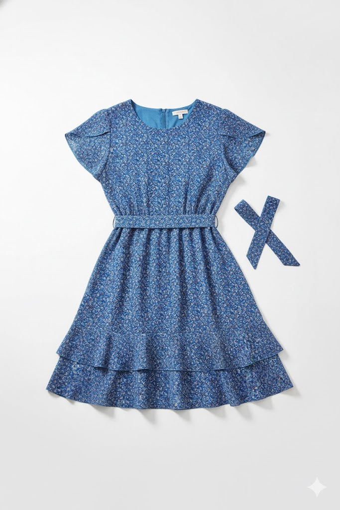 Floral Round Neck Slim Tiered A Line Ruffle Dress